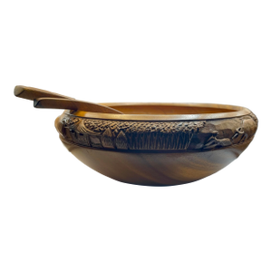 Mid 20th Century Hand Carved Wooden Bowl & Serving Utensils
