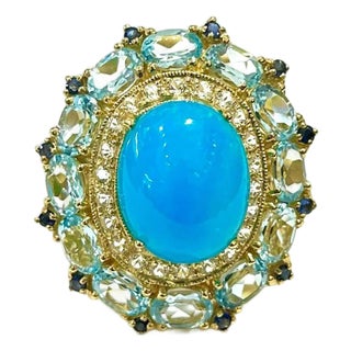 Bochic “Capri” Vintage Blue Opal, AquaMarine & White Topaz Ring - 18K Gold & Sil For Sale