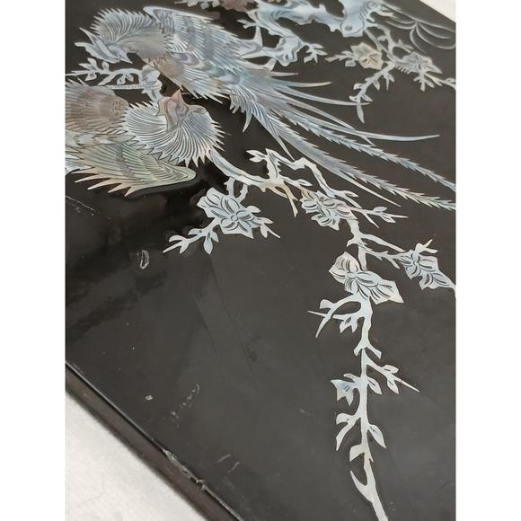 Exotic Asian Mother of Pearl Inlay Lacquer Art Panel Peacock Phoenix Birds Black Silver For Sale - Image 4 of 14