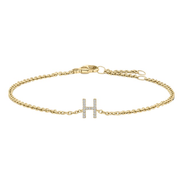 10K Yellow Gold Diamond Accent "H" Initial Charm and Link Bracelet For Sale