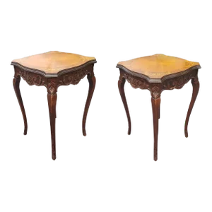 Pair of French Empire Style Carved Walnut and Marquetry Side Tables