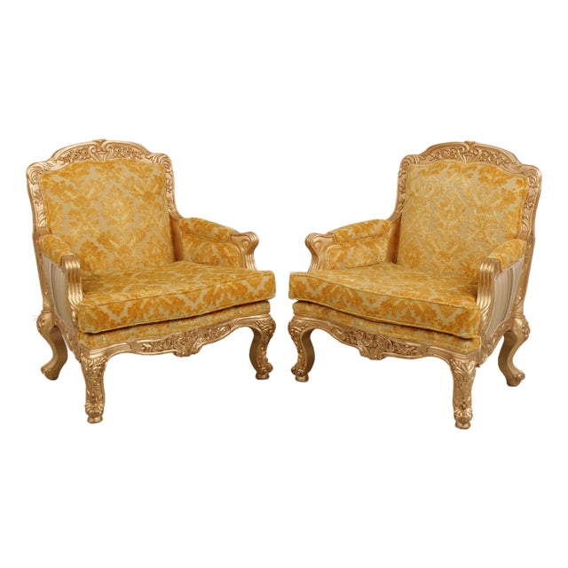Pair of French Rococo Style Upholstered Armchairs For Sale