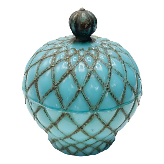 French Blue Opaline Covered Candy Dish For Sale