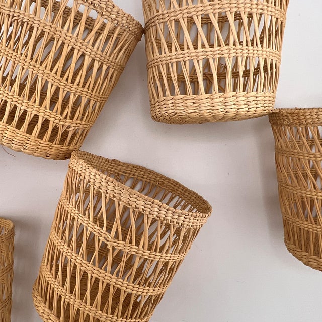Mediterranean Vintage Woven Rattan Wicker Glass Holders Coastal Barware - Set of 6 For Sale - Image 3 of 11