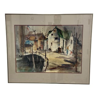 Kenneth Siqueira Fishing Wharf Framed Watercolor, Signed For Sale