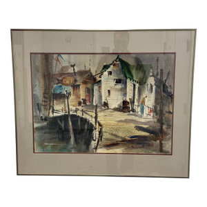 Kenneth Siqueira Fishing Wharf Framed Watercolor, Signed