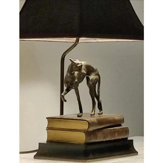 Art Deco Vintage 1980s Bronze Whippet / Greyhound Dog Standing on Stacked Books Lamp For Sale - Image 3 of 12