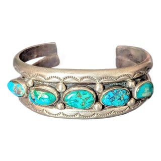 Vintage Turquoise Cuff Bracelet, Silver Bands Have Eyelit Pattern For Sale