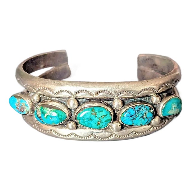 Vintage Turquoise Cuff Bracelet, Silver Bands Have Eyelit Pattern For Sale