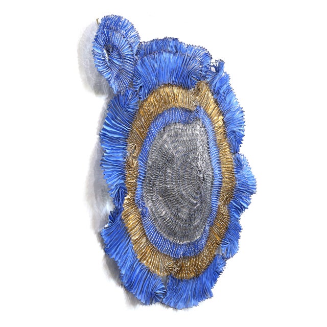 Contemporary Sujoon Periwinkle Gold Ring - Original Large-Scale Oversized Abstract Aluminum Mesh Wall Sculpture by Atticus Adams For Sale - Image 3 of 9