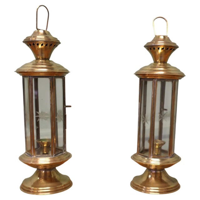 Vintage Etched Glass 6-Sided Candle Lanterns, 1970, Set of 2 For Sale - Image 9 of 9