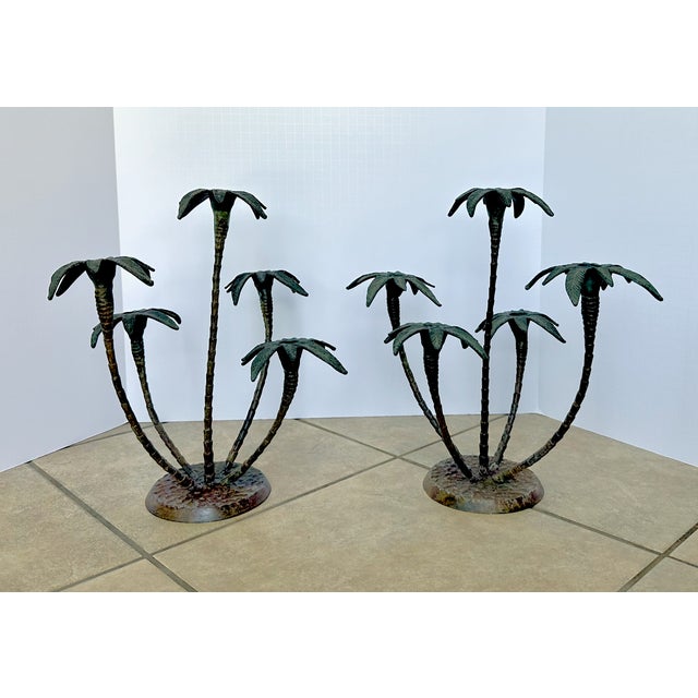 Mid-Century Modern Pair Patinated Tole Metal Palm Tree 5 Arm Candlestick Holders For Sale - Image 3 of 15
