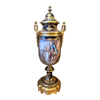 French-Style Blue Porcelain Vase – Hand-Painted Romantic Scene With Gold Leaf & Bronze Details For Sale
