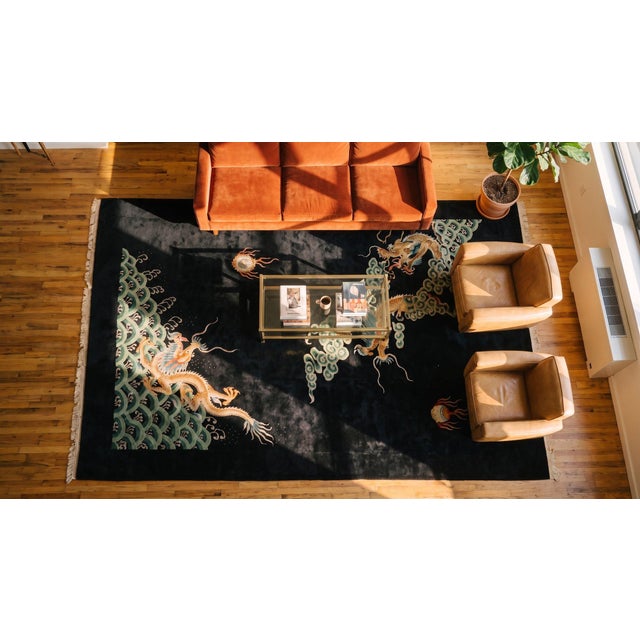 Black Exciting Black Field Antique Cloud Band & Celestial Dragon Chinese Art Deco Rug For Sale - Image 8 of 10
