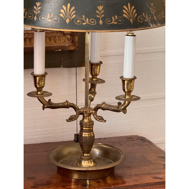 French Late 20th Century French Tole Bouillotte Lamp With Green Shade and Dolphin Arms For Sale - Image 3 of 10