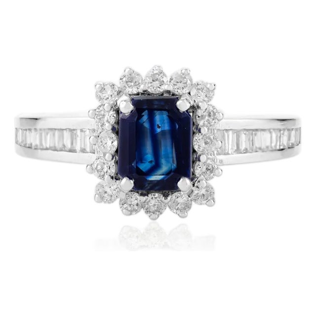 Art Deco Sapphire Engagement Ring With Diamonds in 14k Gold Size 5 For Sale