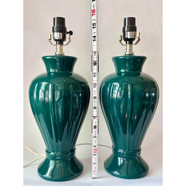Emerald-Green Ribbed Ceramic Lamps, Pair For Sale - Image 9 of 11