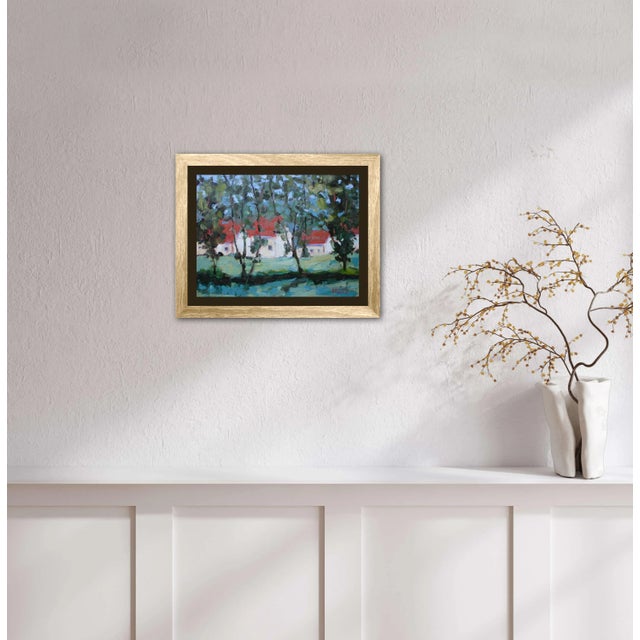 Red Roofs, Through the Trees Impressionist Oil Painting Landscape For Sale - Image 4 of 7