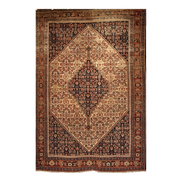 Antique Persian Senneh Area Rug, Hand-Knotted Wool, Herati Medallion Pattern, Ivory & Navy, 4x6 For Sale