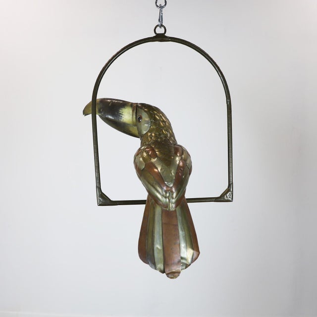 Gold 1960s Big Size Sergio Bustamante Sculpture of Toucan on Hanging Perch For Sale - Image 8 of 17