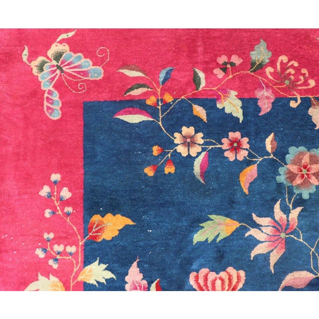 Early 20th Century Blue Background Chinese Art Deco Rug With Large Vining Flowers and Leaves For Sale In Atlanta - Image 6 of 12