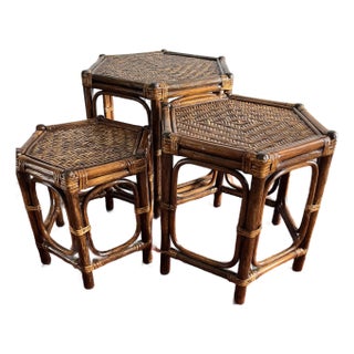 Vintage Rattan & Bamboo Hexagonal Nesting Tables – Set of 3 (Newly Refinished) For Sale