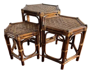 Vintage Rattan & Bamboo Hexagonal Nesting Tables – Set of 3 (Newly Refinished)