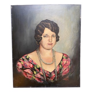 V. Marendaz, Woman's Portrait with Pearl Necklace, 1928, Oil on Fiberboard For Sale