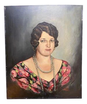 V. Marendaz, Woman's Portrait with Pearl Necklace, 1928, Oil on Fiberboard