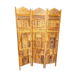 Indian Hand Carved Three Panel Wooden Screen