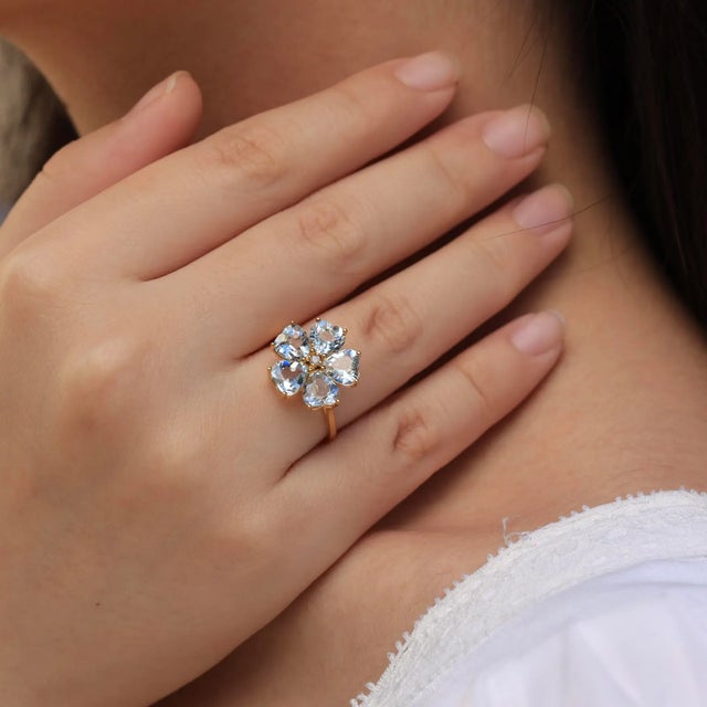 Metal Nina Zhou Aquamarine Diamond Cherry Blossom Ring in 14k Yellow Gold, size 8.5 For Sale - Image 7 of 11