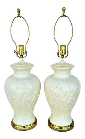 Paul Hanson Ceramic Table Lamps Iris Flowers - a Pair