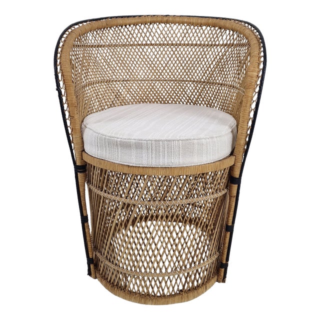 Mid-Century Boho Chic Rattan Barrel Chair with Outdoor Cushion, 1970s For Sale