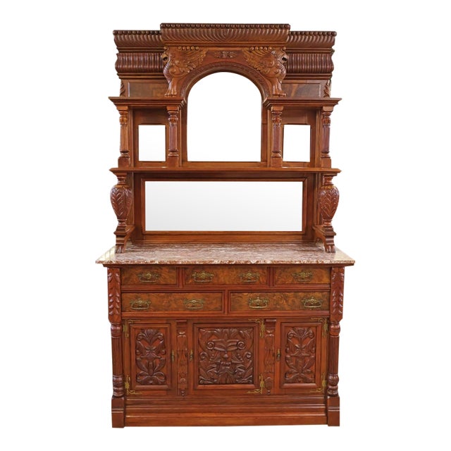 19th Century Griffin Eastlake Burl Walnut Marble Top Buffet Sideboard For Sale