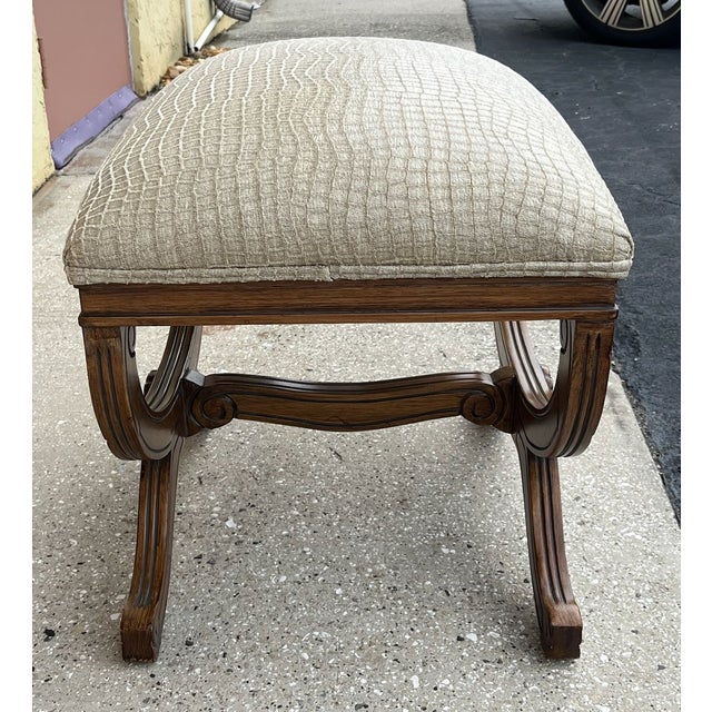Single bench with Renaissance style curule legs. Use it at your vanity, as a footstool or an accent seat in your living...