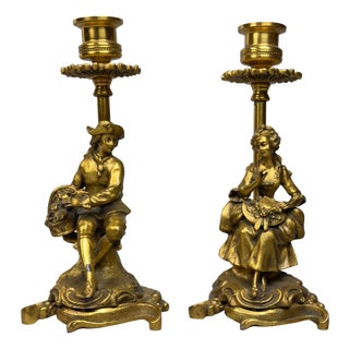 Lady and Knight Candlesticks in Polished Brass, Set of 2 For Sale