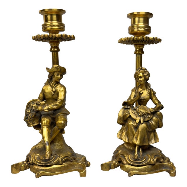 Lady and Knight Candlesticks in Polished Brass, Set of 2 For Sale