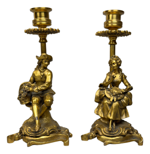 Lady and Knight Candlesticks in Polished Brass, Set of 2