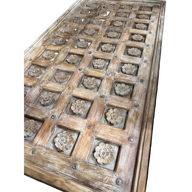 Antique Brown Lotus Carved Coffee Table – Handcrafted Rustic Statement Center Table 74 For Sale - Image 4 of 8