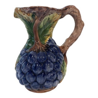 Italian Hand Painted Ceramic Pottery Pitcher With Grapes For Sale