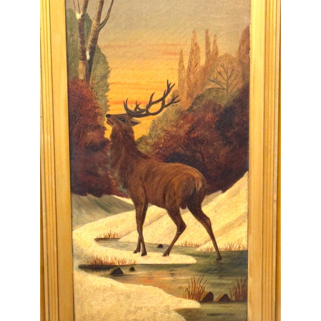 Brown Pair American Sporting Paintings Elk & White-Tailed Deer Buck, Signed A. Crozier For Sale - Image 8 of 18