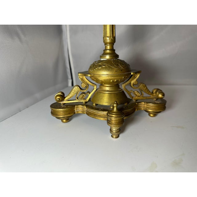 19th Century Antique Brass Candelabra Pair, Movement Gold Gilt Finish For Sale - Image 5 of 10