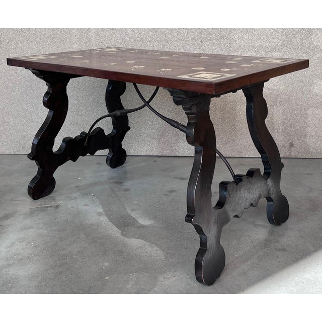 Mid 19th Century 19th Century Baroque Spanish Side Table With Marquetry Top and Iron Stretcher For Sale - Image 5 of 11