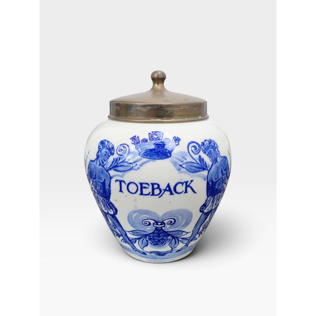 Mid-Century Dutch Hand-Painted Delft Blue Tobacco Jar with Brass Lid, Holland, 1960s For Sale - Image 17 of 17
