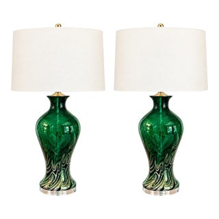 Emerald Green Vintage Murano Lamps With Iridescent Glass Swirl Effect For Sale