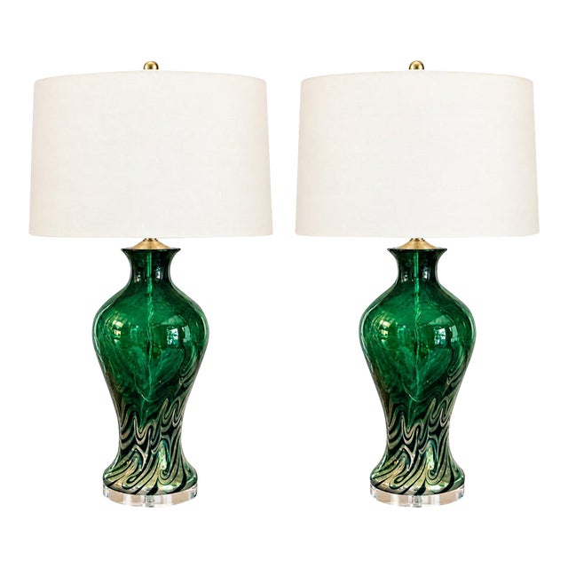 Emerald Green Vintage Murano Lamps With Iridescent Glass Swirl Effect For Sale