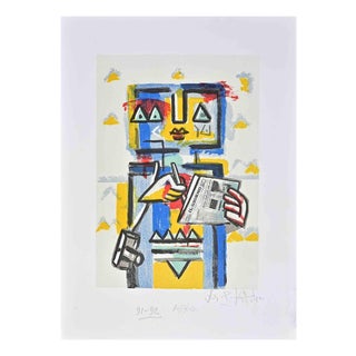 Ibrahim Kodra, Robot Reading Newspaper, Lithograph, 1990s For Sale