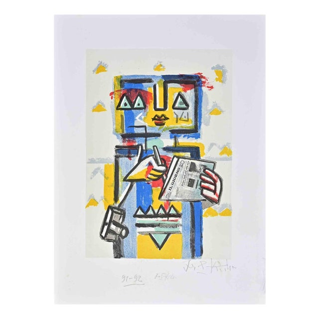 Ibrahim Kodra, Robot Reading Newspaper, Lithograph, 1990s For Sale