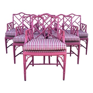 Hot Pink Faux Bamboo Chinese Chippendale Armchairs - Set of 6 For Sale