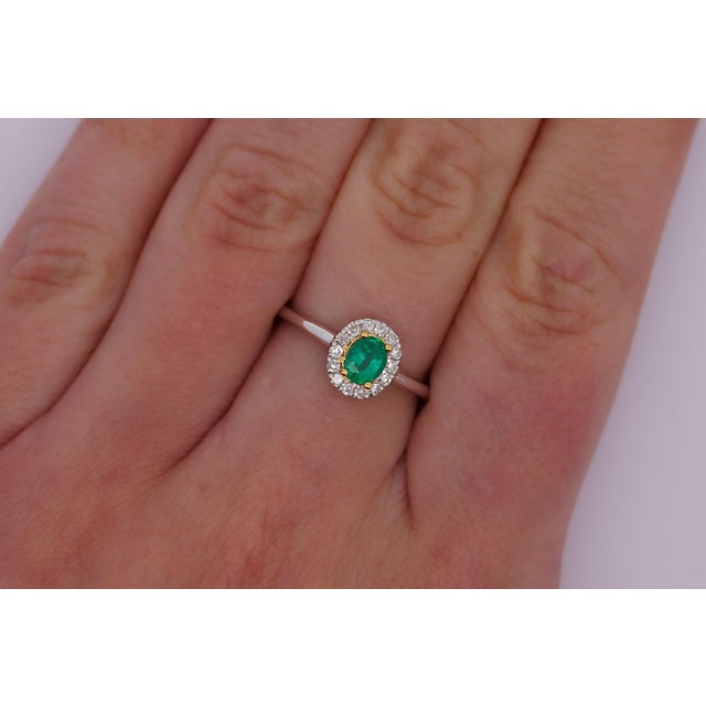 2/3 Carat Natural Emerald & Diamond Oval Halo 1.7mm Band Ring in 18K White Gold, Size 5.5 For Sale - Image 4 of 10